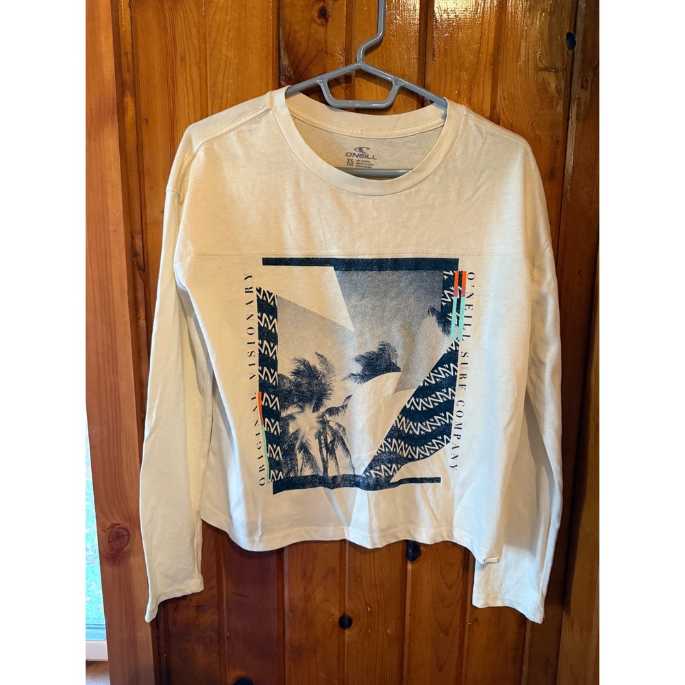 ONeill Surf Company T Shirt Top XS Long‎ Sleeve Graphic Print Cream Beach
